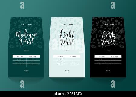 Coffee label for pouch bag, branding packaging design for light, medium and dark roast blends. Vector template for coffee shop. Modern design with Stock Vector