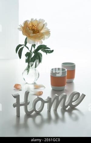 Single yellow, pale orange peony flower in trendy modern glass vase on white table. Wooden text Home and petals on white table. Ceramic pink white tea Stock Photo
