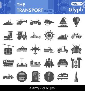 Transport solid icon set, vehicle symbols set collection or vector sketches. Transportation signs set for computer web, the glyph pictogram style Stock Vector