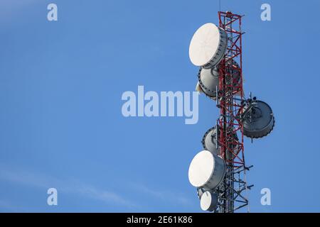 The upper portion of a communications tower holds an array of several microwave backhaul antennas with protective radome covers, giving them the appea Stock Photo