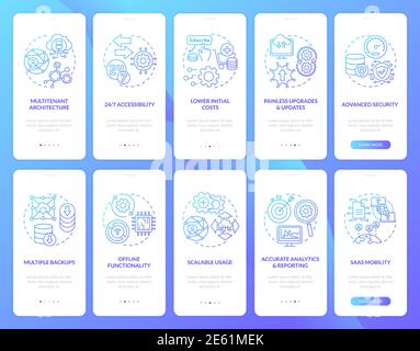 Software as service benefits onboarding mobile app page screen with concepts set Stock Vector