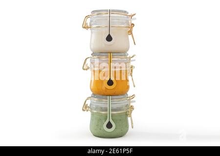 Three reusable multicolor jam jars for preserving with flip-top or bail closure Stock Photo