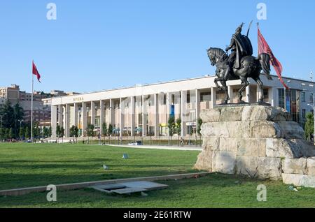 Tirana, Albania - July 21, 2012: the National Theater of Opera and Ballet and the Skanderbeg statue (national hero of the Albanians) in Skanderbeg squ Stock Photo