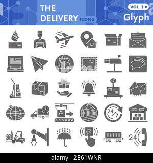 Delivery solid icon set, Logistics symbols set collection or vector sketches. Shipping signs set for computer web, the glyph pictogram style package Stock Vector
