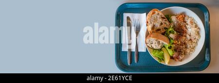 Banner with delicious and appetizing grilled red fish, homemade bread, rice and salad served at a tray with fork and knife with light blue smooth back Stock Photo