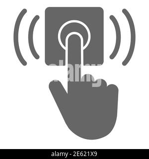 Ring door bell solid icon, delivery symbol, Hand push bell button vector sign on white background, finger pressing doorbell icon in glyph style for Stock Vector