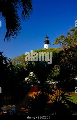 Key West Lighthouse, Key West, Florida, FL USA.  Southern most point in the continental USA.  Island vacation destination for relaxed tourism. Stock Photo