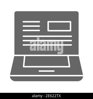 Message in laptop solid icon, delivery symbol, pc with text website vector sign on white background, notebook with read email on screen icon glyph Stock Vector