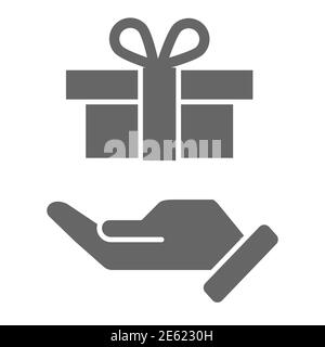 Parcel delivery solid icon, delivery symbol, gift box with ribbon on hand vector sign on white background, holding cardboard packaging icon in glyph Stock Vector