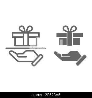 Parcel delivery line and solid icon, delivery symbol, gift box with ribbon on hand vector sign on white background, holding cardboard packaging icon Stock Vector
