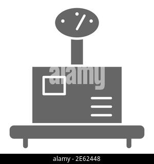Packaging on weights solid icon, delivery symbol, Weight scale with box vector sign on white background, Package weight warehouse icon in glyph style Stock Vector