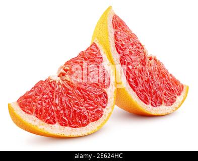 Two slices of grapefruit citrus fruit isolated on white background with clipping path. Full depth of field. Stock Photo