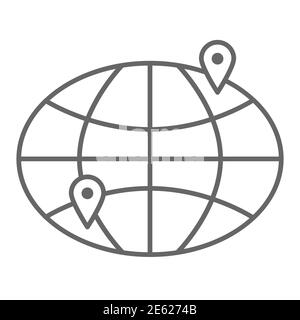 Delivery from one point of earth to another thin line icon, delivery symbol, Planet earth with two pointer vector sign on white background Stock Vector