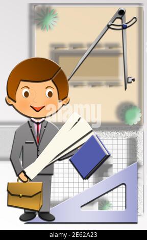 Cartoon of a cute Happy Architect, wearing a suit, with a plan in the background.  This illustration is part of a collection of different professions. Stock Photo