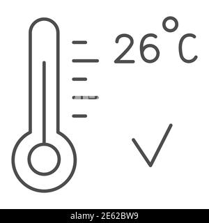 Keep healthy air temperature at home in coronavirus pandemic thin line icon, covid-19 concept, thermometer with 26 degrees sign on white background Stock Vector