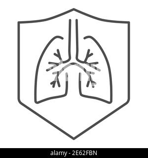 Healthy protected lungs thin line icon, Protect from coronavirus concept, Human lung in shield sign on white background, protection against Stock Vector