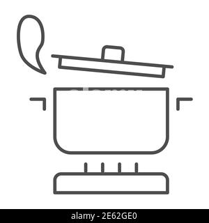 Pan with steam on the gas stove thin line icon, Cooking concept, Saucepan on fire sign on white background, boiling pot icon in outline style for Stock Vector
