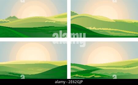 Summer green landscape field dawn above hills with grass. Sunrise in countryside. Cartoon eco farm park. Vector illustration nature backdrop Stock Vector