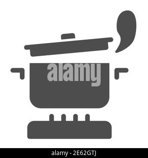 Pan with steam on the gas stove solid icon, Cooking concept, Saucepan on fire sign on white background, boiling pot icon in glyph style for mobile Stock Vector