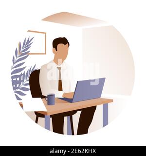 Young businessman works for a laptop in the office. Sits at the desk. Successful business concept. Round illustration on a white background. Stock Photo