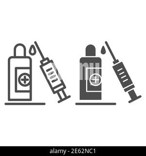 Syringe and bottle vaccine line and solid icon, covid-19 vaccination concept, Medical injection sign on white background, Medicine vial and syringe Stock Vector