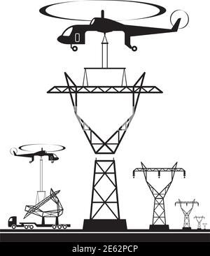 Helicopter installs an electric pole on a power line Stock Vector