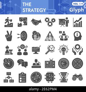 Strategy solid icon set, business symbols collection or sketches. Finance signs for web, glyph style pictogram package isolated on white background Stock Vector