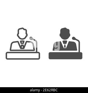 Speaker line and solid icon, business communication concept, lecturer sign on white background, Orator speaking from tribune icon in outline style for Stock Vector