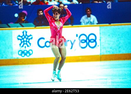 Jill Trenary (USA) competing in the Ladies Figure Skating Short Program at the 1988 Olympic Winter Games. Stock Photo