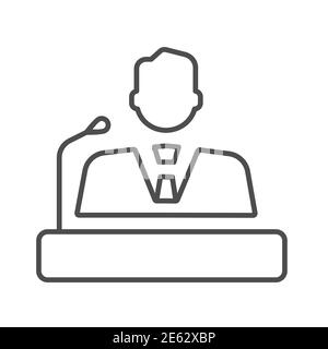 Speaker thin line icon, business communication concept, lecturer sign on white background, Orator speaking from tribune icon in outline style for Stock Vector