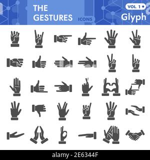 Gestures solid icon set, Human hand signals symbols collection or sketches. Finger signs for web, glyph style pictogram package isolated on white Stock Vector