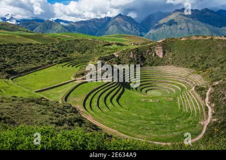 Circular terraces of the Inca agricultural site at Moray in Sacred Valley, Peru. Stock Photo