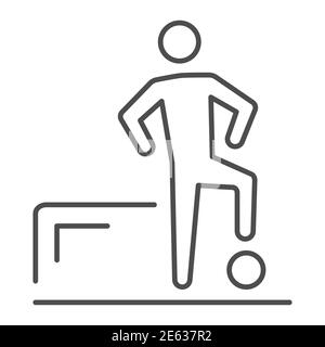 Soccer player with ball thin line icon, sport concept, Footballer near gate sign on white background, Footballer stands with ball icon in outline Stock Vector