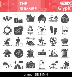 Summer solid icon set, tourism and vacation symbols collection or sketches. Beach signs for web, glyph style pictogram package isolated on white Stock Vector