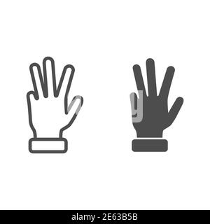 Four fingers up line and solid icon, gestures concept, Counting sign on white background, hand showing four fingers icon in outline style for mobile Stock Vector