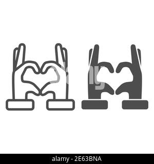 Hands in heart form line and solid icon, gestures concept, Heart shape hand gesture sign on white background, hand making heart sign in outline style Stock Vector