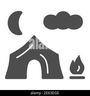 Campfire tent solid icon, Summer outdoor adventures concept, Tourist camping sign on white background, night landscape with tent and fire symbol in Stock Vector