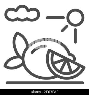 Lemon and slice with sun and clouds line icon, fruits concept, Whole citrus and cut piece sign on white background, Lemons icon in outline style for Stock Vector