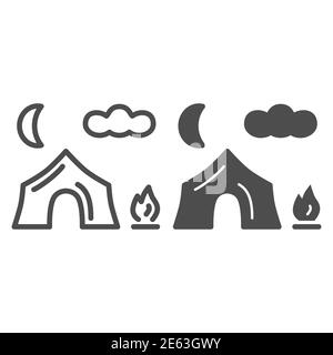Campfire tent line and solid icon, Summer outdoor adventures concept, Tourist camping sign on white background, night landscape with tent and fire Stock Vector