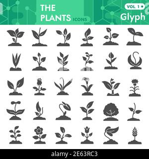 Plants solid icon set, gardening symbols collection or sketches. Seedling and sprout signs for web, glyph style pictogram package isolated on white Stock Vector