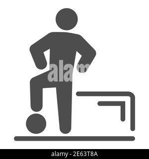 Soccer player with ball solid icon, sport concept, Footballer near gate sign on white background, Footballer stands with ball icon in glyph style for Stock Vector