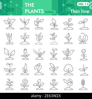 Plants thin line icon set, gardening symbols collection or sketches. Seedling and sprout signs for web, linear style pictogram package isolated on Stock Vector