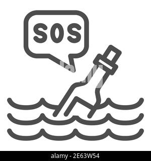 Bottle with sos message line icon, ocean concept, Bottle on wave sign on white background, Bottle floating on waves icon in outline style for mobile Stock Vector