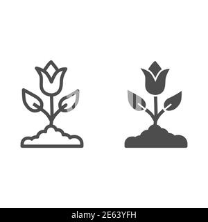 Tulip line and solid icon, spring flowers concept, Tulip bud with leaves sign on white background, Tulip flower icon in outline style for mobile Stock Vector