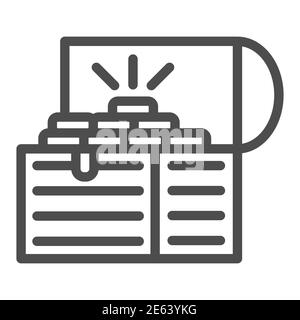 Treasure chest line icon, wealth concept, Opened pirates treasure box sign on white background, Vintage wooden chest with gold icon in outline style Stock Vector