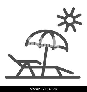Chaise lounge on beach line icon, Summer concept, Deck chair with umbrella sign on white background, Beach parasol and lounger icon in outline style Stock Vector