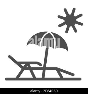 Chaise lounge on beach solid icon, Summer concept, Deck chair with umbrella sign on white background, Beach parasol and lounger icon in glyph style Stock Vector