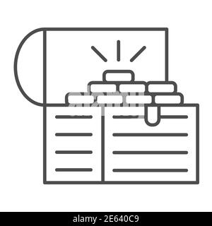 Treasure chest thin line icon, wealth concept, Opened pirates treasure box sign on white background, Vintage wooden chest with gold icon in outline Stock Vector