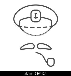 Captains cap, mustache and pipe thin line icon, nautical concept, abstract sea captain character sign on white background, Navy sailor hat with Stock Vector