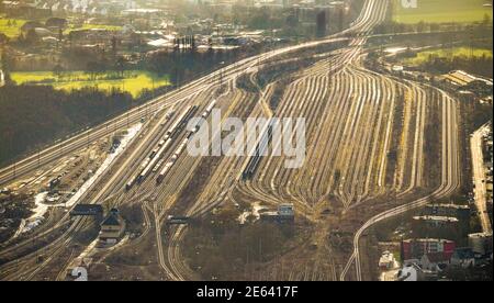 Aerial view marshalling yard and freight station backlit in Hamm, Ruhr area, North Rhine-Westphalia, Germany, railroad tracks, station, DE, Deutsche B Stock Photo